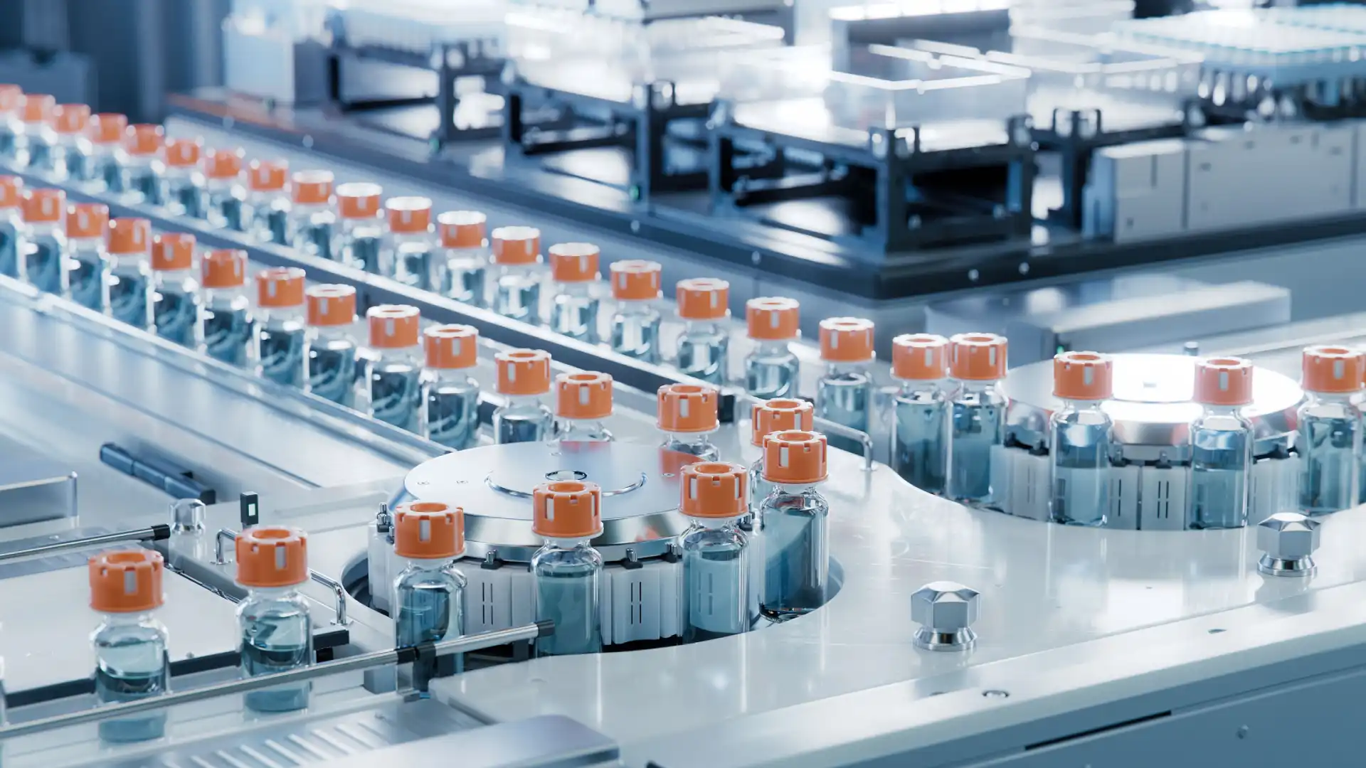 GMP consultancy image showing vaccine vials in a pharmaceutical manufacturing facility under GMP conditions