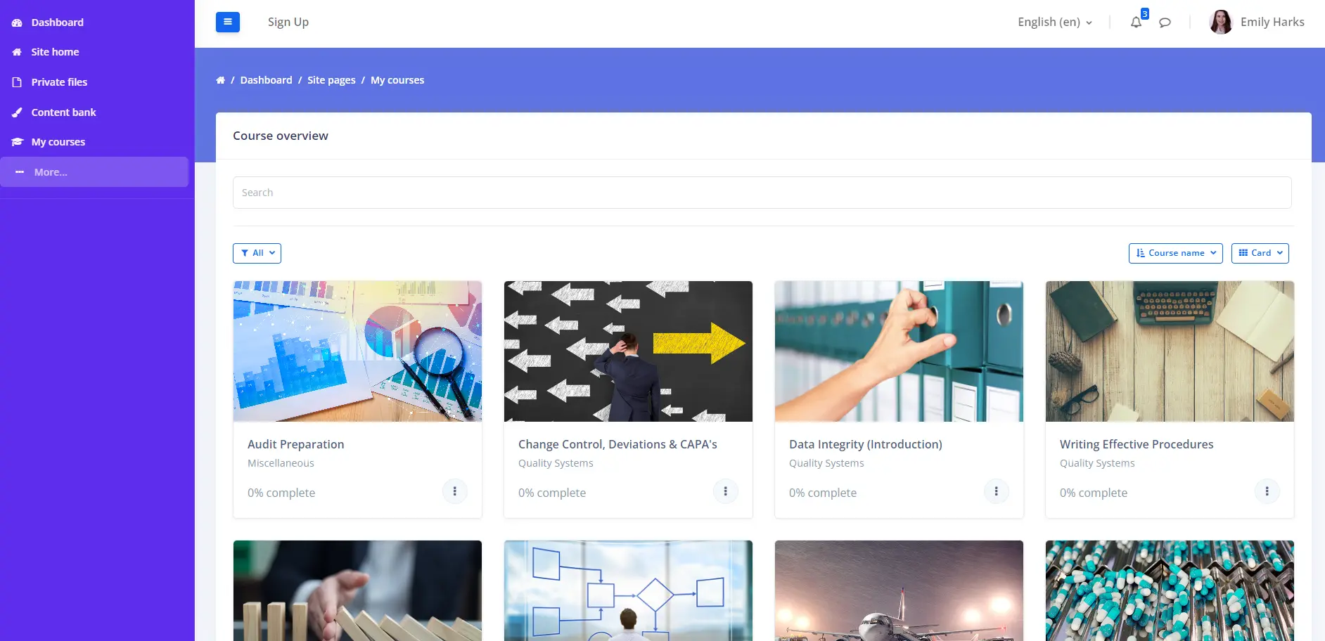 Screenshot of PCS Academy eLearning platform, showing GMP training courses in a grid overview