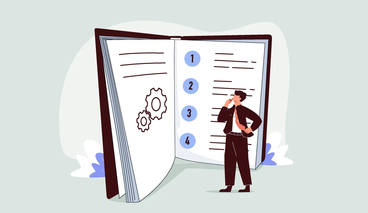 Illustration showing a person wondering about a regulatory guideline book