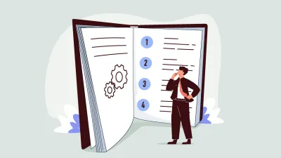 Illustration showing a person wondering about a regulatory guideline book