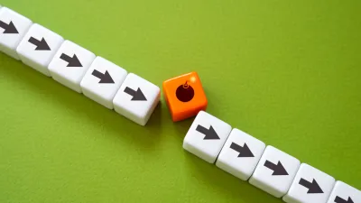 A chain of blocks showing a direction but one block represents a planned deviation.